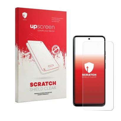 Parte frontal de un envase de producto con el logotipo de la marca upscreen. Al lado se muestra el dispositivo Motorola Moto G