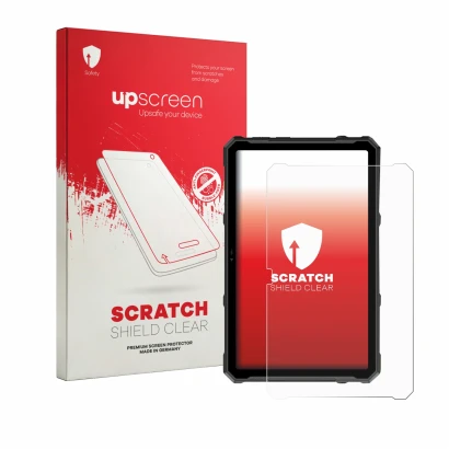Parte frontal de un envase de producto con el logotipo de la marca upscreen. Al lado se muestra el dispositivo Ulefone Armor P