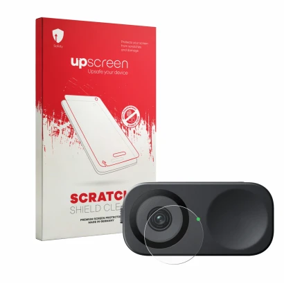Parte frontal de un envase de producto con el logotipo de la marca upscreen. Al lado se muestra el dispositivo Insta360 Link 2