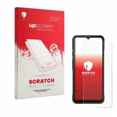 Parte frontal de un envase de producto con el logotipo de la marca upscreen. Al lado se muestra el dispositivo iMin Swift 1 Pr