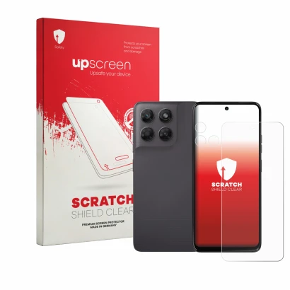Parte frontal de un envase de producto con el logotipo de la marca upscreen. Al lado se muestra el dispositivo Motorola Moto G