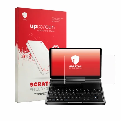 Parte frontal de un envase de producto con el logotipo de la marca upscreen. Al lado se muestra el dispositivo GPD MicroPC 2 c
