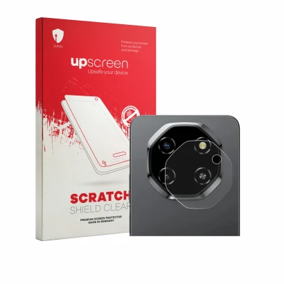 Parte frontal de un envase de producto con el logotipo de la marca upscreen. Al lado se muestra el dispositivo Blackview Shark