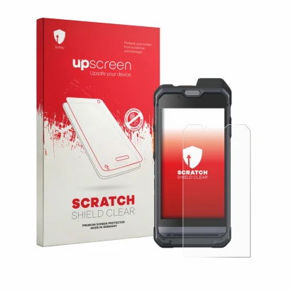 Parte frontal de un envase de producto con el logotipo de la marca upscreen. Al lado se muestra el dispositivo Hytera PNC460 c