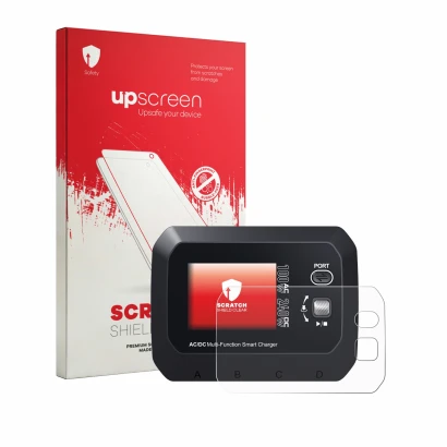 Parte frontal de un envase de producto con el logotipo de la marca upscreen. Al lado se muestra el dispositivo SkyRc Q100 Neo 