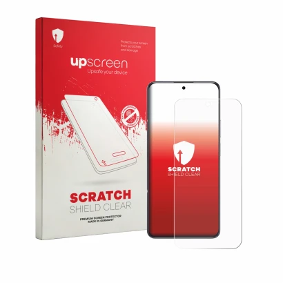 Parte frontal de un envase de producto con el logotipo de la marca upscreen. Al lado se muestra el dispositivo Honor X7e con s