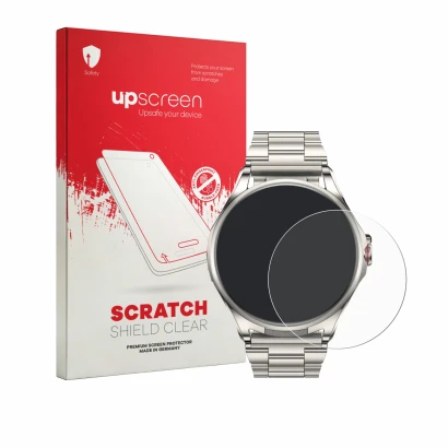 Parte frontal de un envase de producto con el logotipo de la marca upscreen. Al lado se muestra el dispositivo Huawei Watch Bu