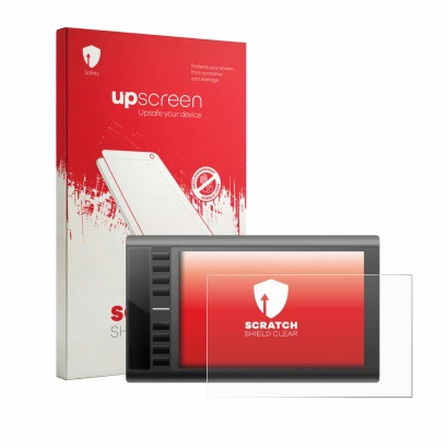 Parte frontal de un envase de producto con el logotipo de la marca upscreen. Al lado se muestra el dispositivo Ugee M708 con s