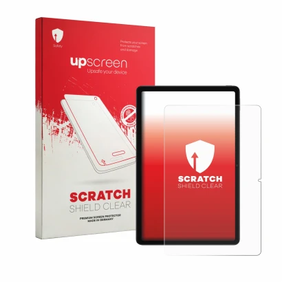 Parte frontal de un envase de producto con el logotipo de la marca upscreen. Al lado se muestra el dispositivo Xiaomi Redmi K
