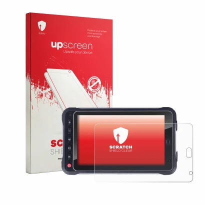 Parte frontal de un envase de producto con el logotipo de la marca upscreen. Al lado se muestra el dispositivo Hugerock X72 co