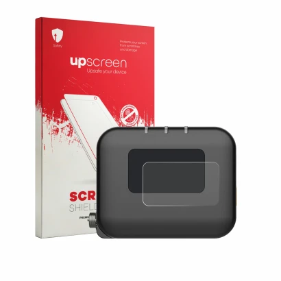 Parte frontal de un envase de producto con el logotipo de la marca upscreen. Al lado se muestra el dispositivo Deity TC-1 con