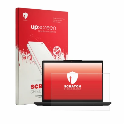 Parte frontal de un envase de producto con el logotipo de la marca upscreen. Al lado se muestra el dispositivo Lenovo ThinkPad