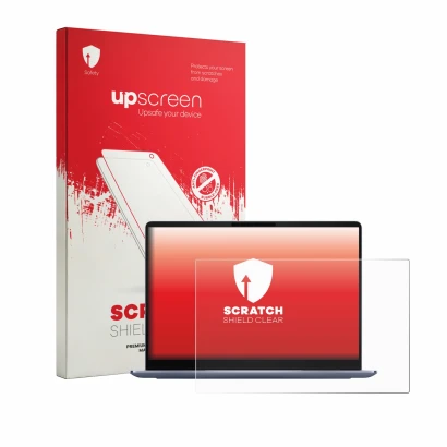 Parte frontal de un envase de producto con el logotipo de la marca upscreen. Al lado se muestra el dispositivo Dell 14S DS1426