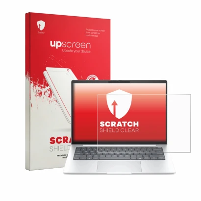 Parte frontal de un envase de producto con el logotipo de la marca upscreen. Al lado se muestra el dispositivo HP EliteBook 8