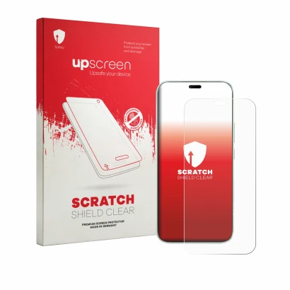 Parte frontal de un envase de producto con el logotipo de la marca upscreen. Al lado se muestra el dispositivo Honor 600e con 