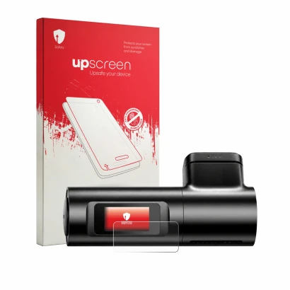 Parte frontal de un envase de producto con el logotipo de la marca upscreen. Al lado se muestra el dispositivo Azdome M330 con