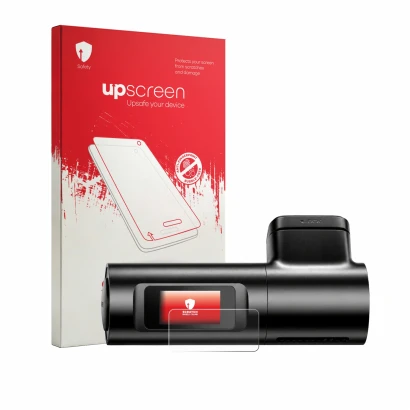 Parte frontal de un envase de producto con el logotipo de la marca upscreen. Al lado se muestra el dispositivo Azdome M330 Max