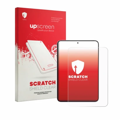 Parte frontal de un envase de producto con el logotipo de la marca upscreen. Al lado se muestra el dispositivo Oppo Pad Mini c