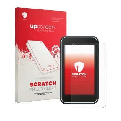 Parte frontal de un envase de producto con el logotipo de la marca upscreen. Al lado se muestra el dispositivo Shot Scope H50