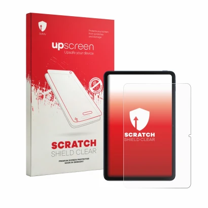 Parte frontal de un envase de producto con el logotipo de la marca upscreen. Al lado se muestra el dispositivo Xiaomi Poco Pad