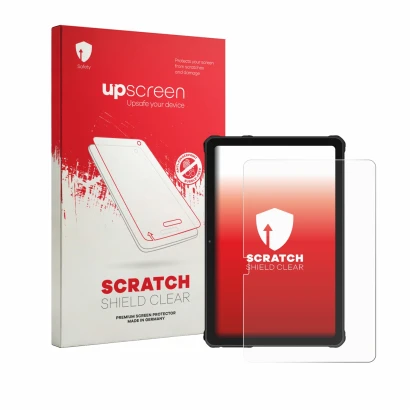 Parte frontal de un envase de producto con el logotipo de la marca upscreen. Al lado se muestra el dispositivo Oukitel RT10 co