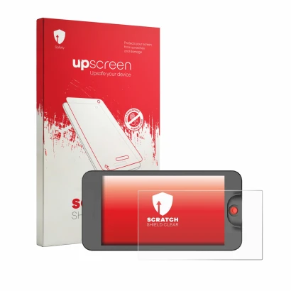 Parte frontal de un envase de producto con el logotipo de la marca upscreen. Al lado se muestra el dispositivo Osee T5 Plus co
