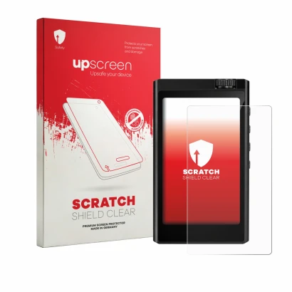 Parte frontal de un envase de producto con el logotipo de la marca upscreen. Al lado se muestra el dispositivo Surfans F35 con