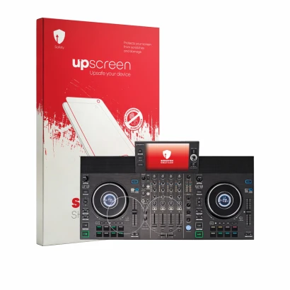 Parte frontal de un envase de producto con el logotipo de la marca upscreen. Al lado se muestra el dispositivo Denon DJ SC LIV