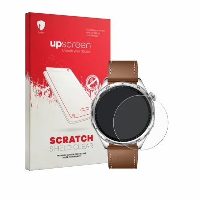 Parte frontal de un envase de producto con el logotipo de la marca upscreen. Al lado se muestra el dispositivo Honor Watch 6 c