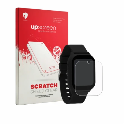 Parte frontal de un envase de producto con el logotipo de la marca upscreen. Al lado se muestra el dispositivo One2Track Conne