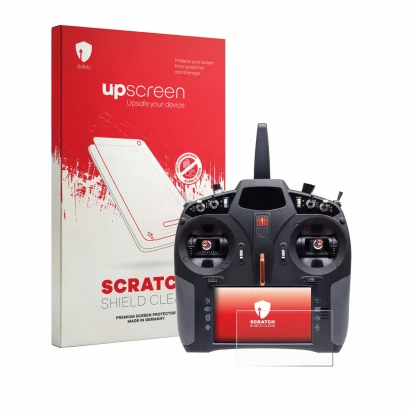 Parte frontal de un envase de producto con el logotipo de la marca upscreen. Al lado se muestra el dispositivo Spektrum iX14 P