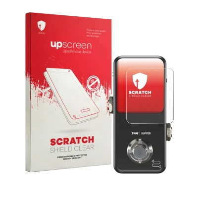 Parte frontal de un envase de producto con el logotipo de la marca upscreen. Al lado se muestra el dispositivo TC Electronic P