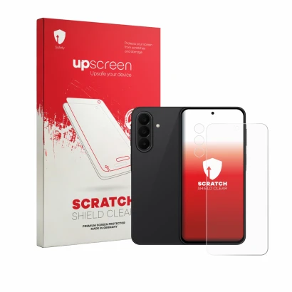 Parte frontal de un envase de producto con el logotipo de la marca upscreen. Al lado se muestra el dispositivo Samsung Galaxy 
