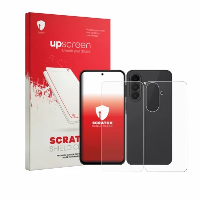 Parte frontal de un envase de producto con el logotipo de la marca upscreen. Al lado se muestra el dispositivo Samsung Galaxy 