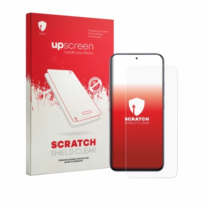 Parte frontal de un envase de producto con el logotipo de la marca upscreen. Al lado se muestra el dispositivo realme P4R 5G c