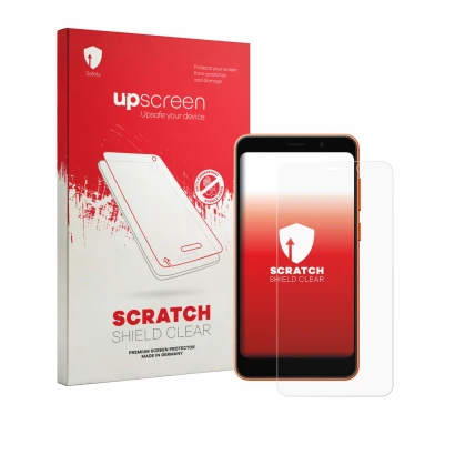 Parte frontal de un envase de producto con el logotipo de la marca upscreen. Al lado se muestra el dispositivo Ulefone Note 22