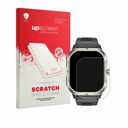 Parte frontal de un envase de producto con el logotipo de la marca upscreen. Al lado se muestra el dispositivo Jugeman V10 2.0