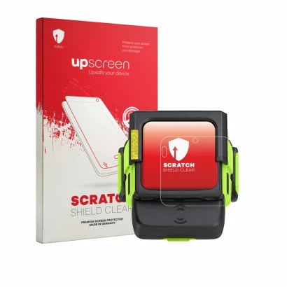 Parte frontal de un envase de producto con el logotipo de la marca upscreen. Al lado se muestra el dispositivo Zebra WS501 con
