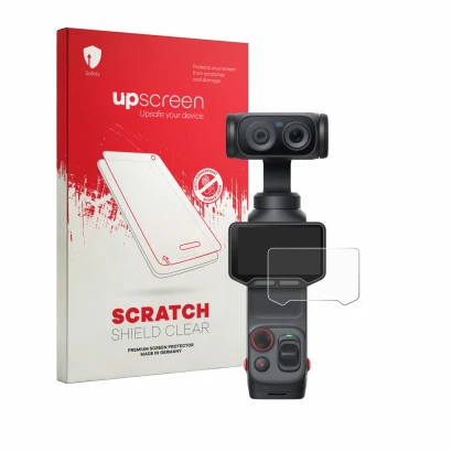 Parte frontal de un envase de producto con el logotipo de la marca upscreen. Al lado se muestra el dispositivo Insta360 Luna U