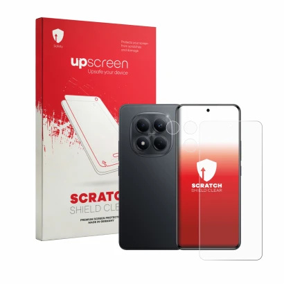 Parte frontal de un envase de producto con el logotipo de la marca upscreen. Al lado se muestra el dispositivo Xiaomi Redmi No