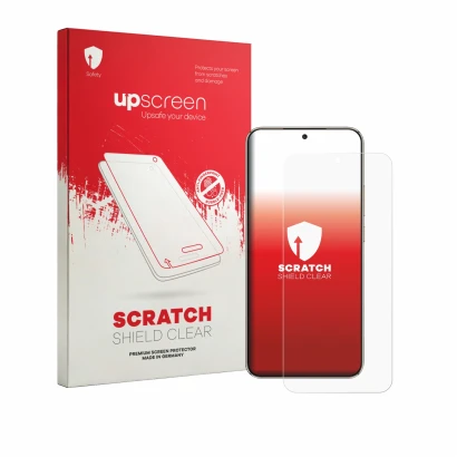 Parte frontal de un envase de producto con el logotipo de la marca upscreen. Al lado se muestra el dispositivo Honor X 70 Pro 