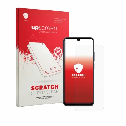 Parte frontal de un envase de producto con el logotipo de la marca upscreen. Al lado se muestra el dispositivo Lagenio A12 Pro