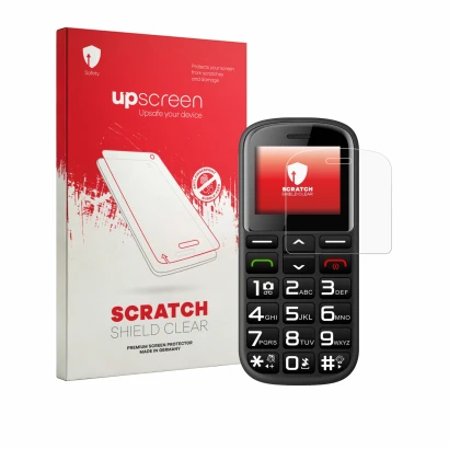 Parte frontal de un envase de producto con el logotipo de la marca upscreen. Al lado se muestra el dispositivo artfone CS182 c