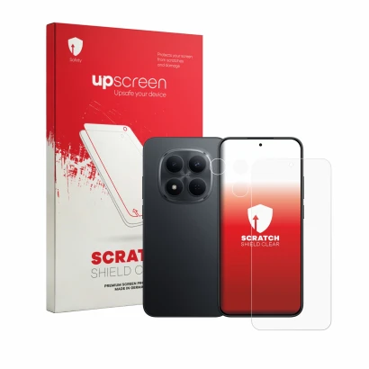 Parte frontal de un envase de producto con el logotipo de la marca upscreen. Al lado se muestra el dispositivo Xiaomi Redmi No