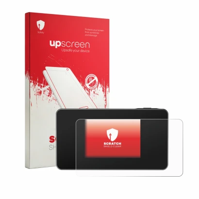 Parte frontal de un envase de producto con el logotipo de la marca upscreen. Al lado se muestra el dispositivo TP-Link M8550 c