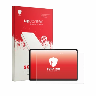 Parte frontal de un envase de producto con el logotipo de la marca upscreen. Al lado se muestra el dispositivo Lenovo Tab Plus