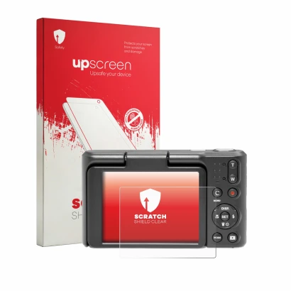 Parte frontal de un envase de producto con el logotipo de la marca upscreen. Al lado se muestra el dispositivo Kodak Pixpro C1