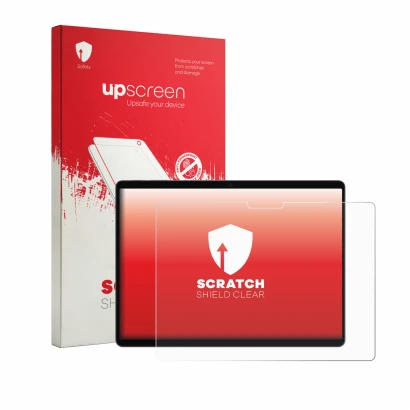 Parte frontal de un envase de producto con el logotipo de la marca upscreen. Al lado se muestra el dispositivo Microsoft Surfa