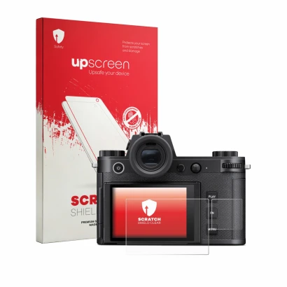Parte frontal de un envase de producto con el logotipo de la marca upscreen. Al lado se muestra el dispositivo Leica SL3-P (Pa