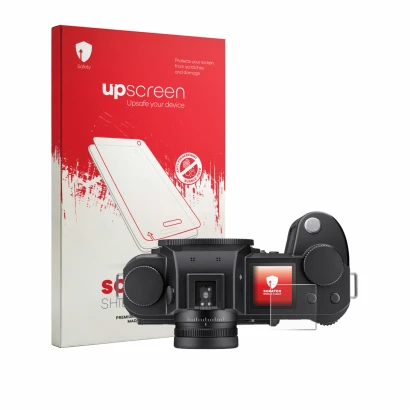 Parte frontal de un envase de producto con el logotipo de la marca upscreen. Al lado se muestra el dispositivo Leica SL3-P (pa